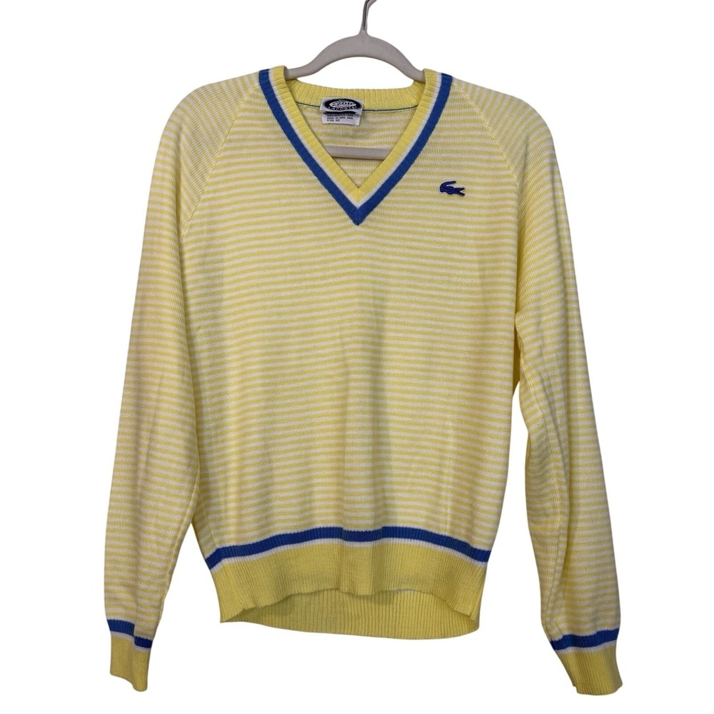 Vintage 1970s Izod Lacoste Striped Sweater Sz 40 L Yellow V-Neck Acrylic Logo
